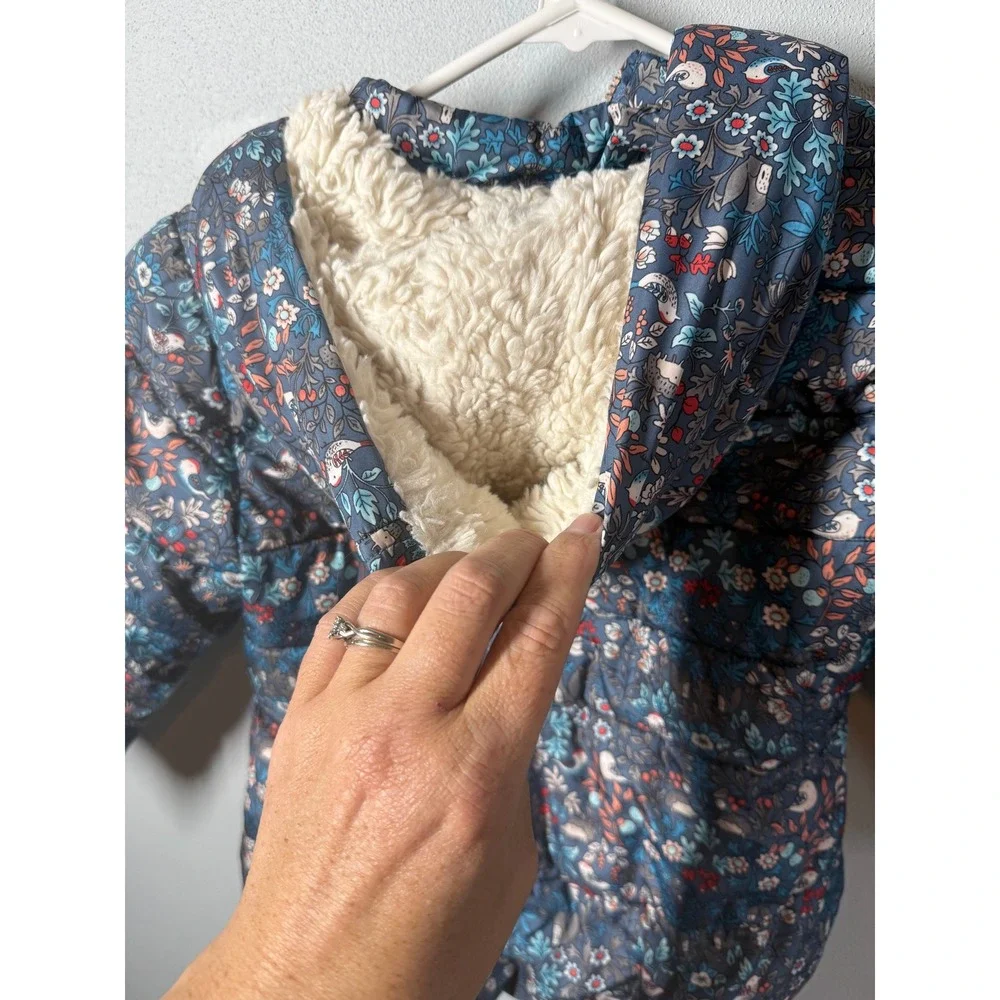 NEXT Girls Puffer Jacket 5/6 Blue Floral Bird Hedgehog Sherpa Lined Hood Zip